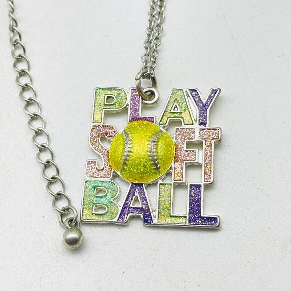Play Softball Pendant Necklace Silver Tone Chain Glitter Letters Yellow Smiley - Picture 3 of 7